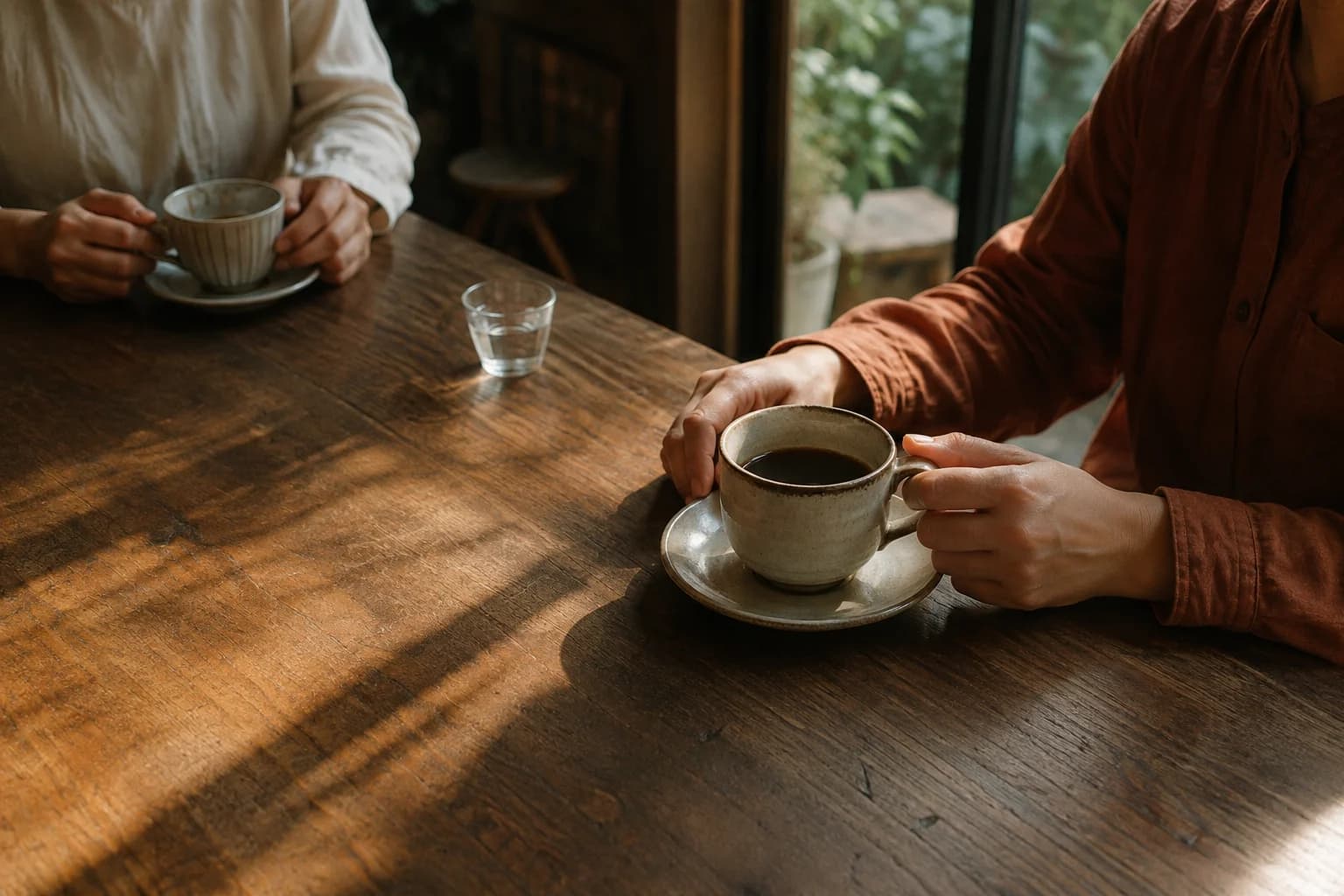 カフェで向かい合い、コーヒーを楽しむふたりの手元のイメージ